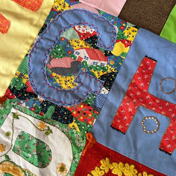 Vintage Alphabet Quilted Folk Art Patchwork Handmade 73"x40" One of a KInd Wall - Picture 8 of 14